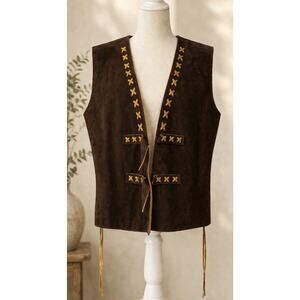 Vintage Handcrafted Shearling Sheepskin Lined Vest Brown Suede Western Outerwear